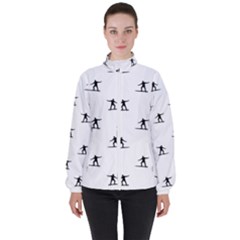 Black And White Surfing Motif Graphic Print Pattern Women s High Neck Windbreaker by dflcprintsclothing