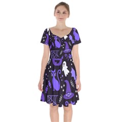 Halloween Party Seamless Repeat Pattern  Short Sleeve Bardot Dress by KentuckyClothing