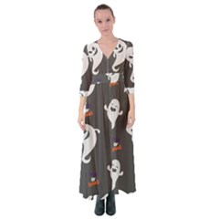 Halloween Ghost Trick Or Treat Seamless Repeat Pattern Button Up Maxi Dress by KentuckyClothing