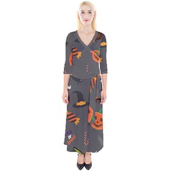 Halloween Themed Seamless Repeat Pattern Quarter Sleeve Wrap Maxi Dress by KentuckyClothing