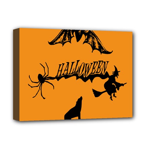 Happy Halloween Scary Funny Spooky Logo Witch On Broom Broomstick Spider Wolf Bat Black 8888 Black A Deluxe Canvas 16  X 12  (stretched)  by HalloweenParty