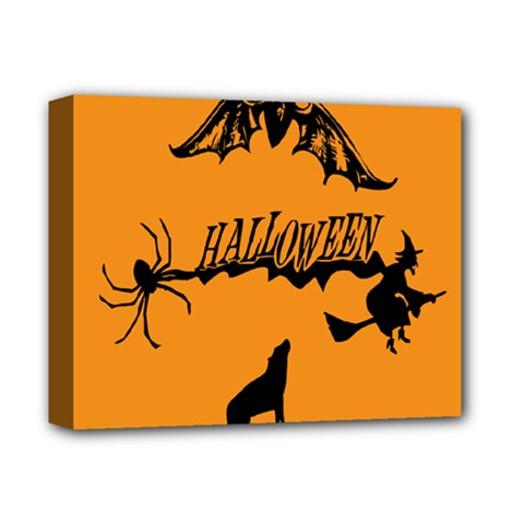 Happy Halloween Scary Funny Spooky Logo Witch On Broom Broomstick Spider Wolf Bat Black 8888 Black A Deluxe Canvas 14  X 11  (stretched) by HalloweenParty