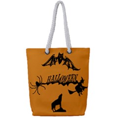 Happy Halloween Scary Funny Spooky Logo Witch On Broom Broomstick Spider Wolf Bat Black 8888 Black A Full Print Rope Handle Tote (small) by HalloweenParty