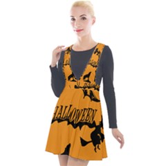 Happy Halloween Scary Funny Spooky Logo Witch On Broom Broomstick Spider Wolf Bat Black 8888 Black A Plunge Pinafore Velour Dress by HalloweenParty