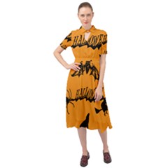 Happy Halloween Scary Funny Spooky Logo Witch On Broom Broomstick Spider Wolf Bat Black 8888 Black A Keyhole Neckline Chiffon Dress by HalloweenParty