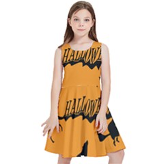 Happy Halloween Scary Funny Spooky Logo Witch On Broom Broomstick Spider Wolf Bat Black 8888 Black A Kids  Skater Dress by HalloweenParty