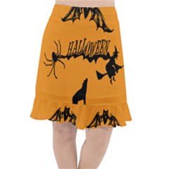 Happy Halloween Scary Funny Spooky Logo Witch On Broom Broomstick Spider Wolf Bat Black 8888 Black A Fishtail Chiffon Skirt by HalloweenParty