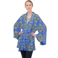 Gold And Blue Fancy Ornate Pattern Long Sleeve Velvet Kimono  by dflcprintsclothing