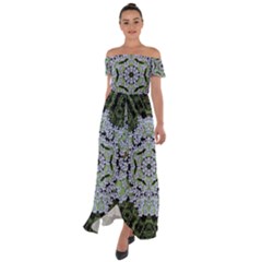 Calm In The Flower Forest Of Tranquility Ornate Mandala Off Shoulder Open Front Chiffon Dress by pepitasart