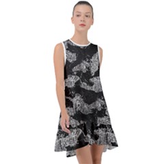 Black And White Cracked Abstract Texture Print Frill Swing Dress by dflcprintsclothing