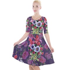 Purple Flowers Quarter Sleeve A-line Dress by goljakoff