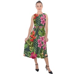 Tropical Flowers Midi Tie-back Chiffon Dress by goljakoff