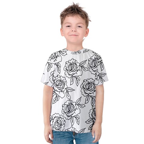 Line Art Black And White Rose Kids  Cotton Tee by MintanArt