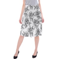 Line Art Black And White Rose Midi Beach Skirt by MintanArt