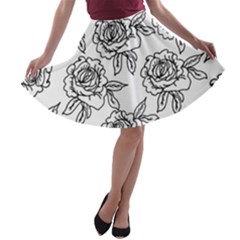 Line Art Black And White Rose A-line Skater Skirt by MintanArt