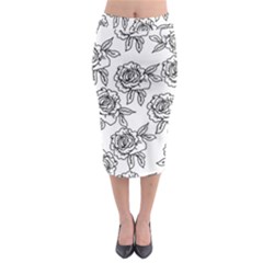 Line Art Black And White Rose Midi Pencil Skirt by MintanArt