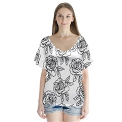 Line Art Black And White Rose V-neck Flutter Sleeve Top by MintanArt