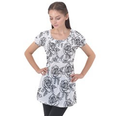 Line Art Black And White Rose Puff Sleeve Tunic Top by MintanArt