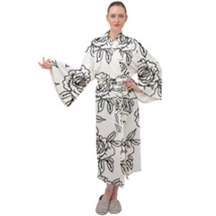 Line Art Black And White Rose Maxi Velour Kimono by MintanArt