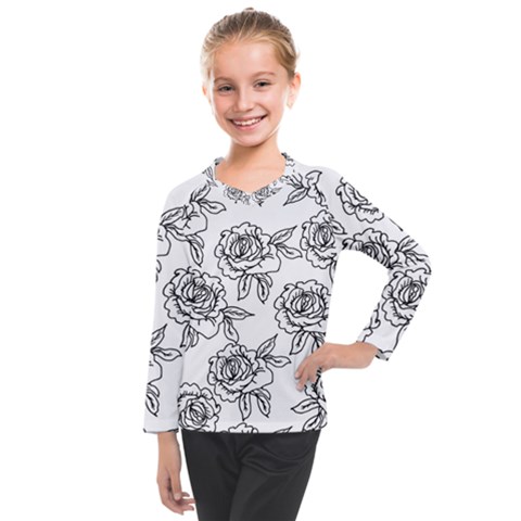 Line Art Black And White Rose Kids  Long Mesh Tee by MintanArt