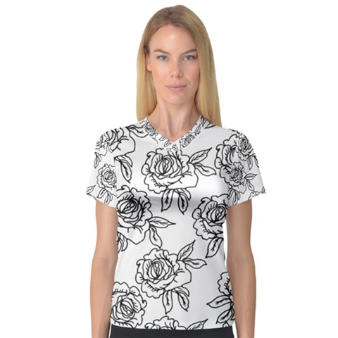 Line Art Black And White Rose V-neck Sport Mesh Tee by MintanArt