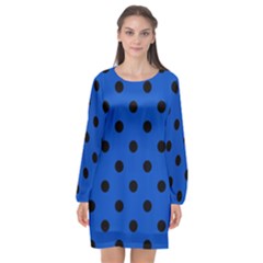 Large Black Polka Dots On Absolute Zero Blue - Long Sleeve Chiffon Shift Dress  by FashionLane