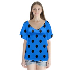 Large Black Polka Dots On Azure Blue - V-neck Flutter Sleeve Top by FashionLane