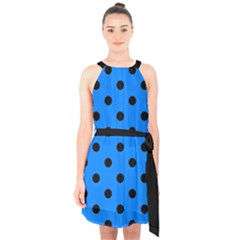 Large Black Polka Dots On Azure Blue - Halter Collar Waist Tie Chiffon Dress by FashionLane