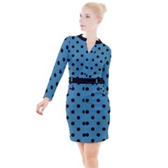 Large Black Polka Dots On Blue Moon - Button Long Sleeve Dress by FashionLane