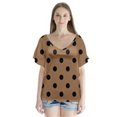 Large Black Polka Dots On Bone Brown - V-neck Flutter Sleeve Top by FashionLane