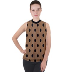 Large Black Polka Dots On Bone Brown - Mock Neck Chiffon Sleeveless Top by FashionLane