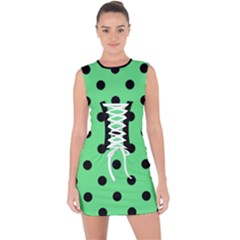 Large Black Polka Dots On Algae Green - Lace Up Front Bodycon Dress by FashionLane