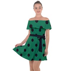 Large Black Polka Dots On Cadmium Green - Off Shoulder Velour Dress by FashionLane