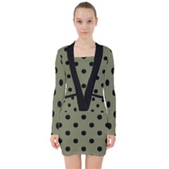 Large Black Polka Dots On Calliste Green - V-neck Bodycon Long Sleeve Dress by FashionLane