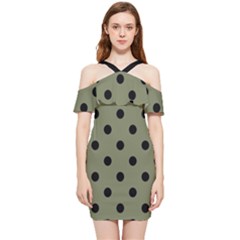 Large Black Polka Dots On Calliste Green - Shoulder Frill Bodycon Summer Dress by FashionLane