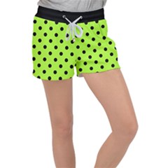 Large Black Polka Dots On Chartreuse Green - Velour Lounge Shorts by FashionLane