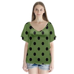 Large Black Polka Dots On Crocodile Green - V-neck Flutter Sleeve Top by FashionLane