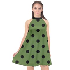 Large Black Polka Dots On Crocodile Green - Halter Neckline Chiffon Dress  by FashionLane