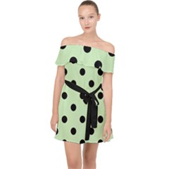 Large Black Polka Dots On Tea Green - Off Shoulder Chiffon Dress by FashionLane