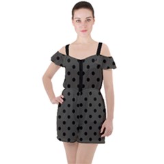 Large Black Polka Dots On Beluga Grey - Ruffle Cut Out Chiffon Playsuit by FashionLane