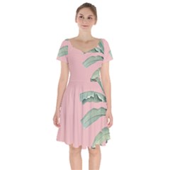 Palm Leaf On Pink Short Sleeve Bardot Dress by goljakoff