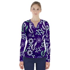 Floral Blue Pattern V-neck Long Sleeve Top by MintanArt