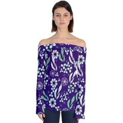 Floral Blue Pattern Off Shoulder Long Sleeve Top by MintanArt