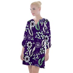 Floral Blue Pattern Open Neck Shift Dress by MintanArt