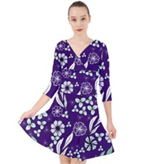 Floral Blue Pattern  Quarter Sleeve Front Wrap Dress by MintanArt