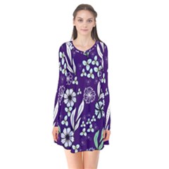 Floral Blue Pattern  Long Sleeve V-neck Flare Dress by MintanArt