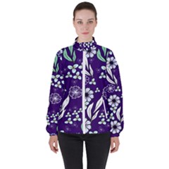 Floral Blue Pattern  Women s High Neck Windbreaker by MintanArt