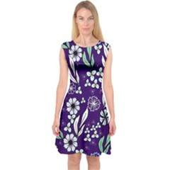 Floral Blue Pattern  Capsleeve Midi Dress by MintanArt