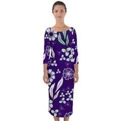 Floral Blue Pattern  Quarter Sleeve Midi Bodycon Dress by MintanArt