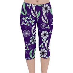 Floral Blue Pattern  Velvet Capri Leggings  by MintanArt